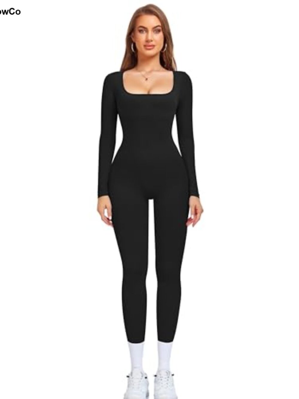 Seamless Ribbed Long Sleeve Square Neck Tummy Control Jumpsuit Romper
